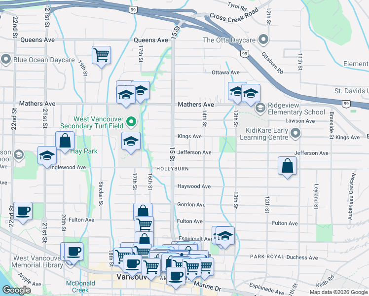 map of restaurants, bars, coffee shops, grocery stores, and more near Esplanade West in Vancouver