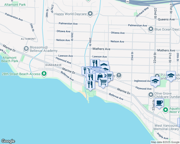 map of restaurants, bars, coffee shops, grocery stores, and more near 2520 Marine Drive in West Vancouver
