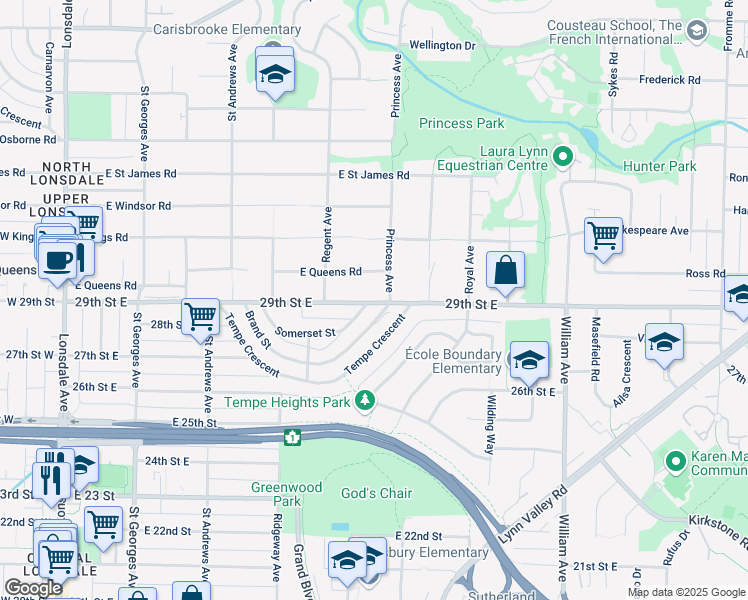 map of restaurants, bars, coffee shops, grocery stores, and more near 684 E 29th St in North Vancouver