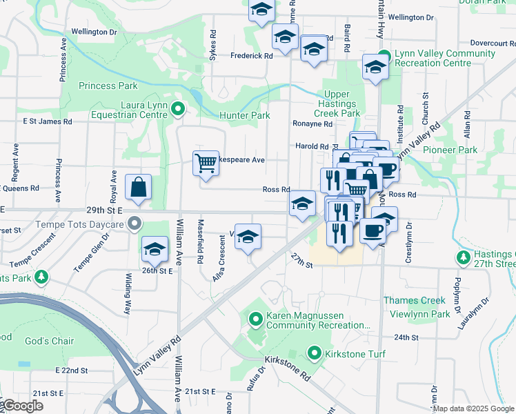 map of restaurants, bars, coffee shops, grocery stores, and more near 1014 29th Street East in North Vancouver