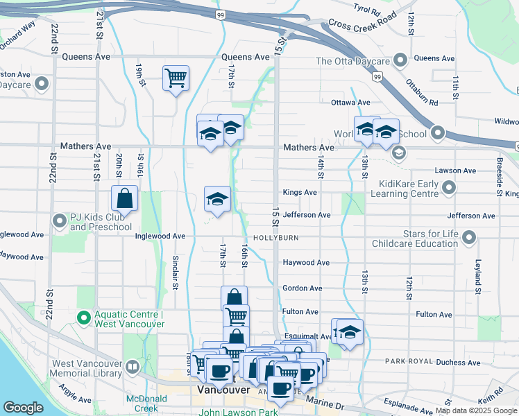 map of restaurants, bars, coffee shops, grocery stores, and more near 1543 Jefferson Avenue in West Vancouver