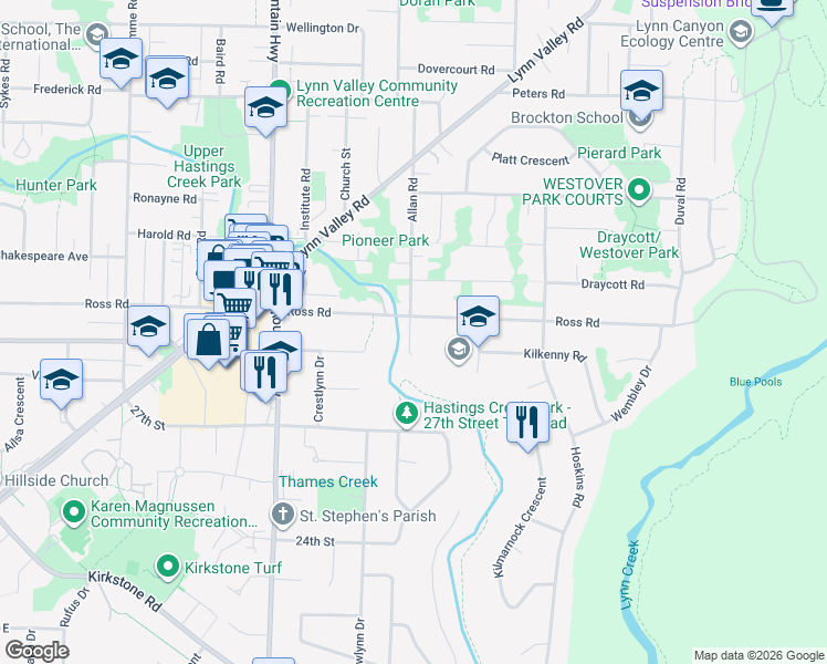 map of restaurants, bars, coffee shops, grocery stores, and more near 2889 Allan Road in North Vancouver