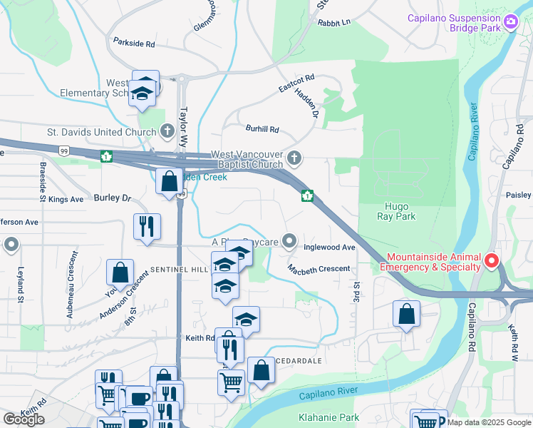 map of restaurants, bars, coffee shops, grocery stores, and more near 516 Newdale Place in West Vancouver