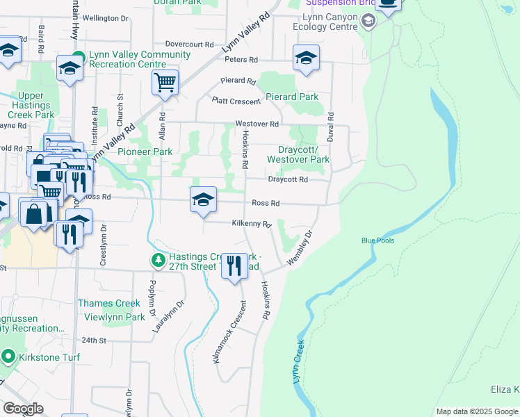 map of restaurants, bars, coffee shops, grocery stores, and more near 1727 Ross Road in North Vancouver