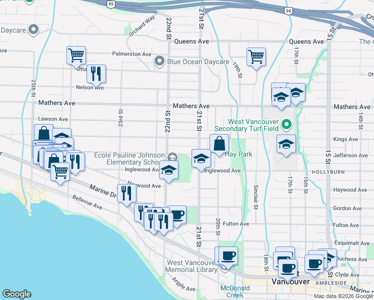 map of restaurants, bars, coffee shops, grocery stores, and more near 2141 Jefferson Avenue in West Vancouver