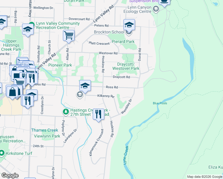 map of restaurants, bars, coffee shops, grocery stores, and more near 1733 Ross Road in North Vancouver
