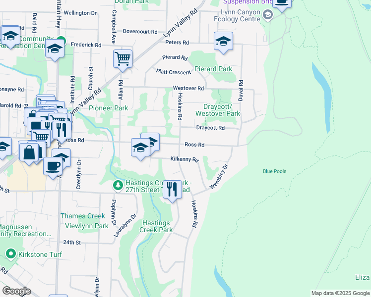 map of restaurants, bars, coffee shops, grocery stores, and more near 1715 Ross Road in North Vancouver