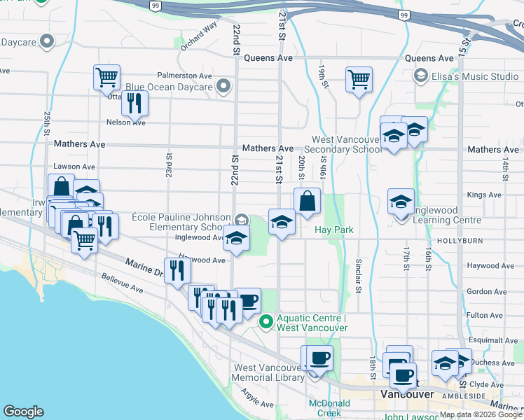 map of restaurants, bars, coffee shops, grocery stores, and more near 2141 Jefferson Avenue in West Vancouver