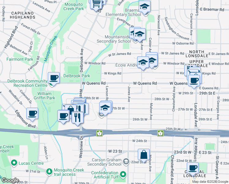 map of restaurants, bars, coffee shops, grocery stores, and more near 552 West 29th Street in North Vancouver