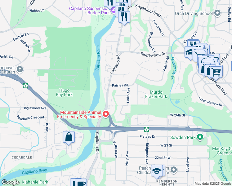 map of restaurants, bars, coffee shops, grocery stores, and more near 1488 Laing Drive in North Vancouver