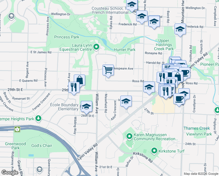 map of restaurants, bars, coffee shops, grocery stores, and more near in North Vancouver