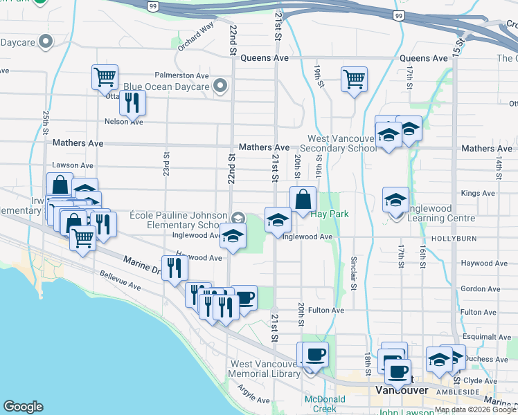 map of restaurants, bars, coffee shops, grocery stores, and more near 2141 Jefferson Avenue in West Vancouver