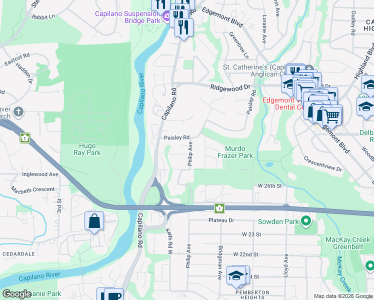 map of restaurants, bars, coffee shops, grocery stores, and more near 1428 Laing Drive in North Vancouver