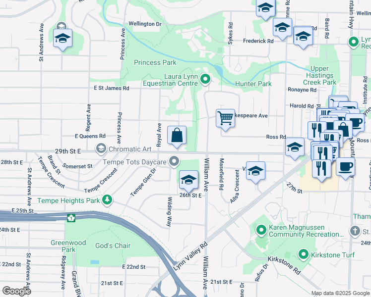 map of restaurants, bars, coffee shops, grocery stores, and more near 820 29th Street East in North Vancouver