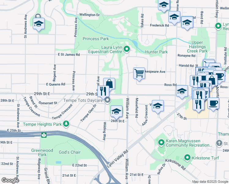 map of restaurants, bars, coffee shops, grocery stores, and more near 820 29th Street East in North Vancouver
