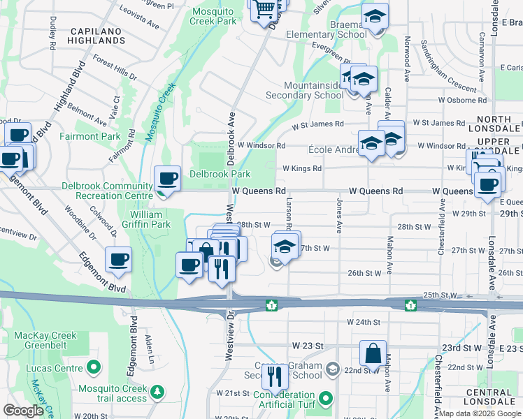 map of restaurants, bars, coffee shops, grocery stores, and more near 626 West 29th Street in North Vancouver