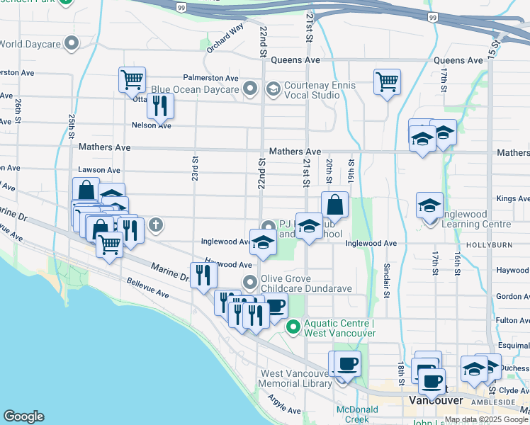 map of restaurants, bars, coffee shops, grocery stores, and more near 2195 Jefferson Avenue in West Vancouver