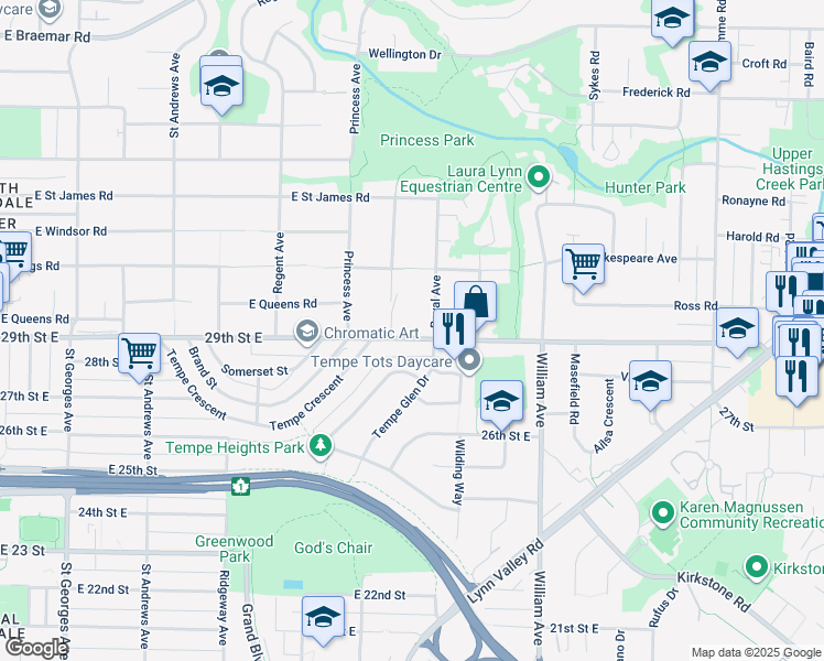 map of restaurants, bars, coffee shops, grocery stores, and more near 732 29th Street East in North Vancouver