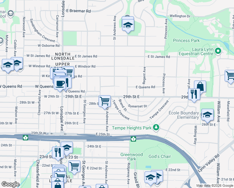 map of restaurants, bars, coffee shops, grocery stores, and more near 2902 Saint Andrews Avenue in North Vancouver