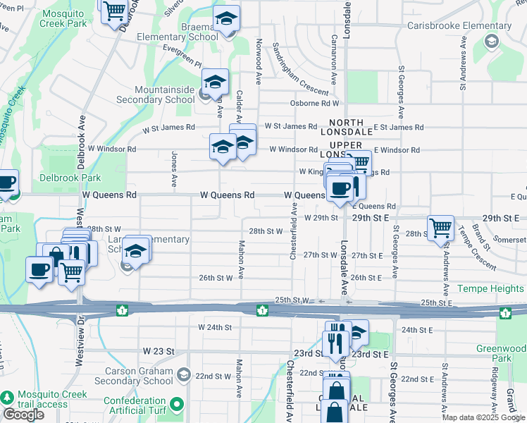 map of restaurants, bars, coffee shops, grocery stores, and more near 268 29th Street West in North Vancouver