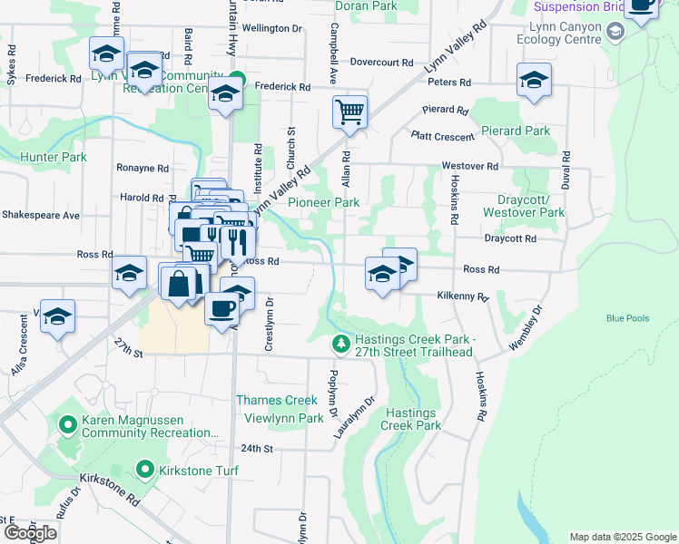 map of restaurants, bars, coffee shops, grocery stores, and more near 2965 Allan Road in North Vancouver