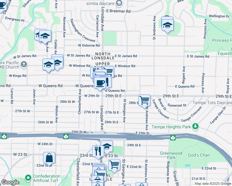 map of restaurants, bars, coffee shops, grocery stores, and more near in North Vancouver