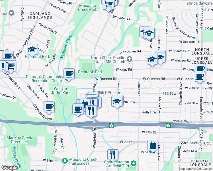 map of restaurants, bars, coffee shops, grocery stores, and more near in North Vancouver