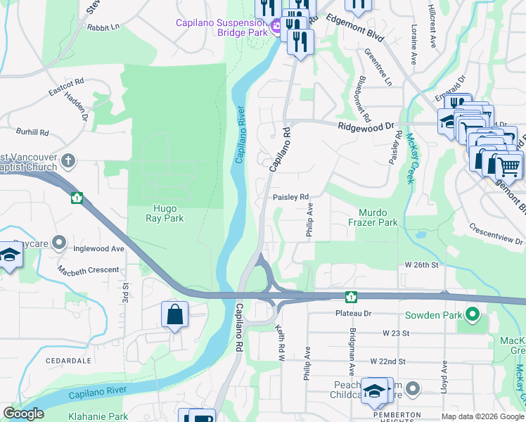 map of restaurants, bars, coffee shops, grocery stores, and more near 2873 Capilano Road in North Vancouver