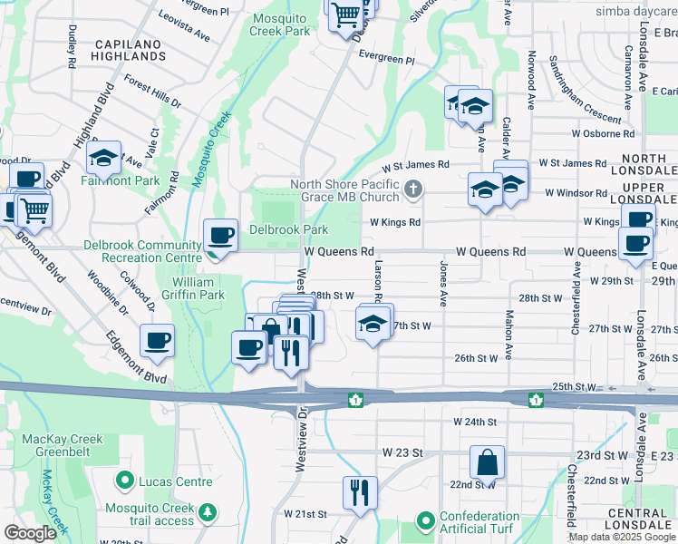 map of restaurants, bars, coffee shops, grocery stores, and more near 630 West 29th Street in North Vancouver