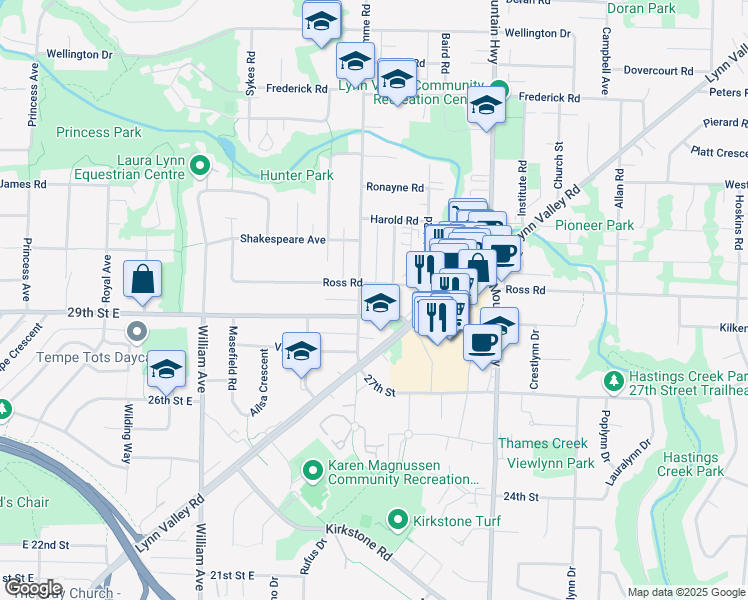map of restaurants, bars, coffee shops, grocery stores, and more near 1100 East 29th Avenue in Vancouver