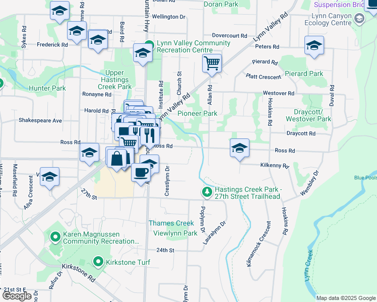 map of restaurants, bars, coffee shops, grocery stores, and more near 1463 Ross Road in North Vancouver