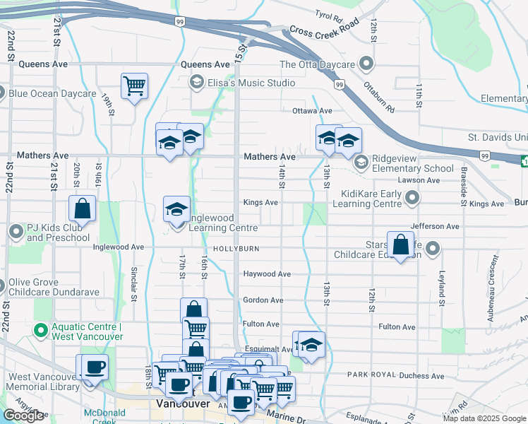 map of restaurants, bars, coffee shops, grocery stores, and more near 1252 Duncan Street in West Vancouver
