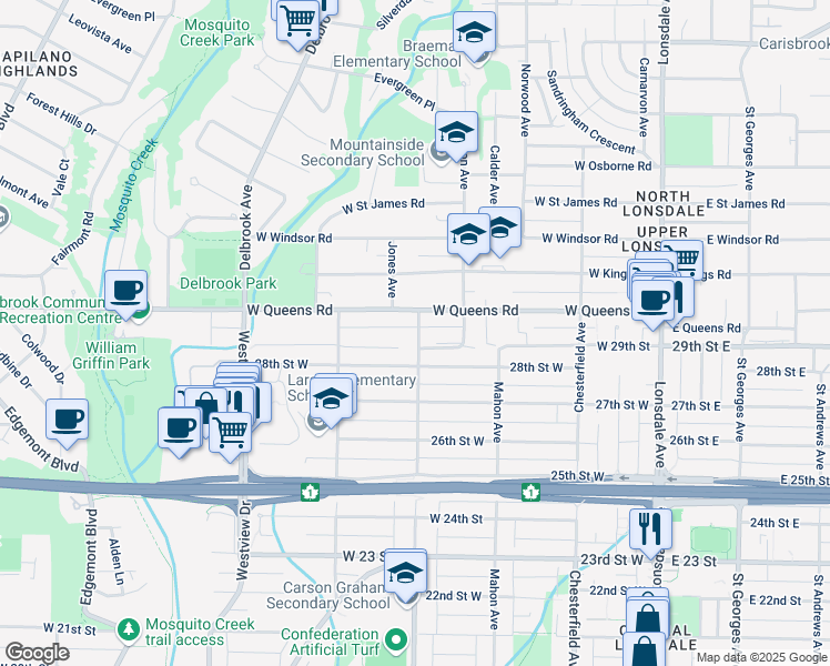 map of restaurants, bars, coffee shops, grocery stores, and more near 2939 Jones Avenue in North Vancouver