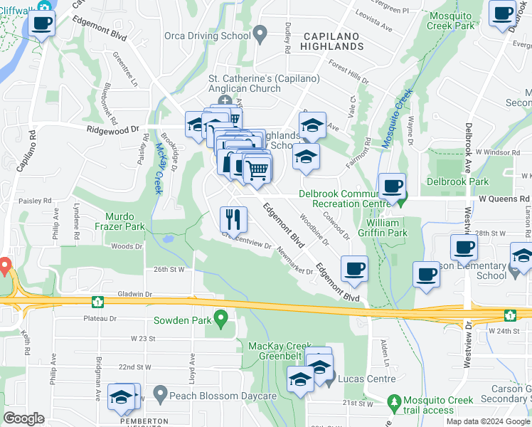 map of restaurants, bars, coffee shops, grocery stores, and more near 2895 Edgemont Boulevard in North Vancouver