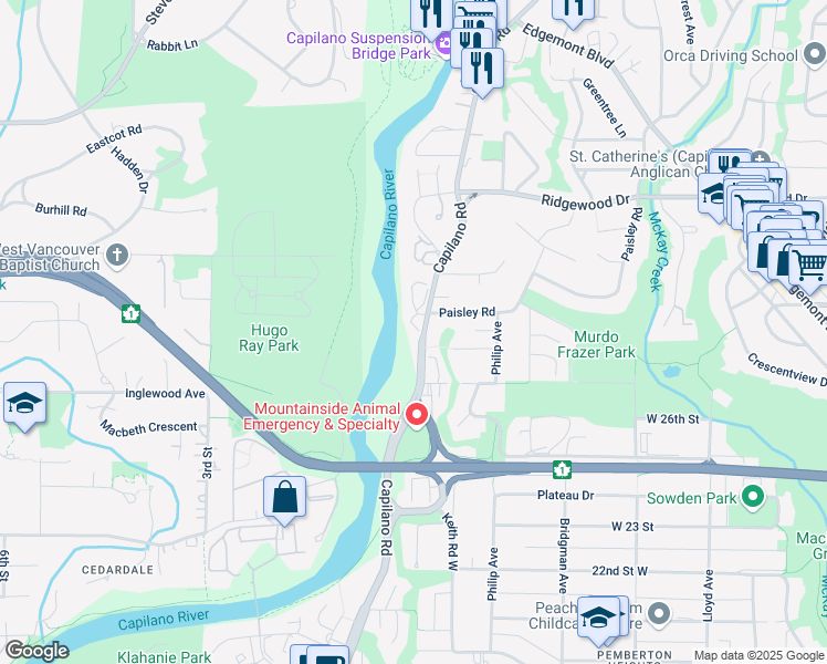 map of restaurants, bars, coffee shops, grocery stores, and more near 2873 Capilano Road in North Vancouver