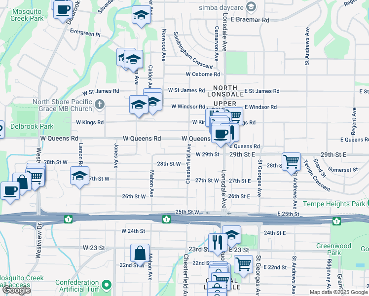 map of restaurants, bars, coffee shops, grocery stores, and more near 2949 Chesterfield Avenue in North Vancouver