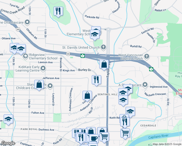 map of restaurants, bars, coffee shops, grocery stores, and more near 811 Burley Drive in West Vancouver