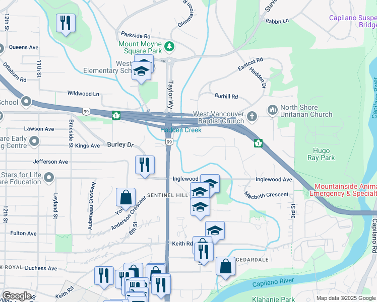 map of restaurants, bars, coffee shops, grocery stores, and more near 625 Newdale Road in West Vancouver