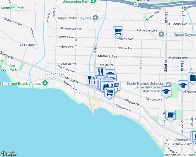 map of restaurants, bars, coffee shops, grocery stores, and more near 2493 Haywood Avenue in West Vancouver