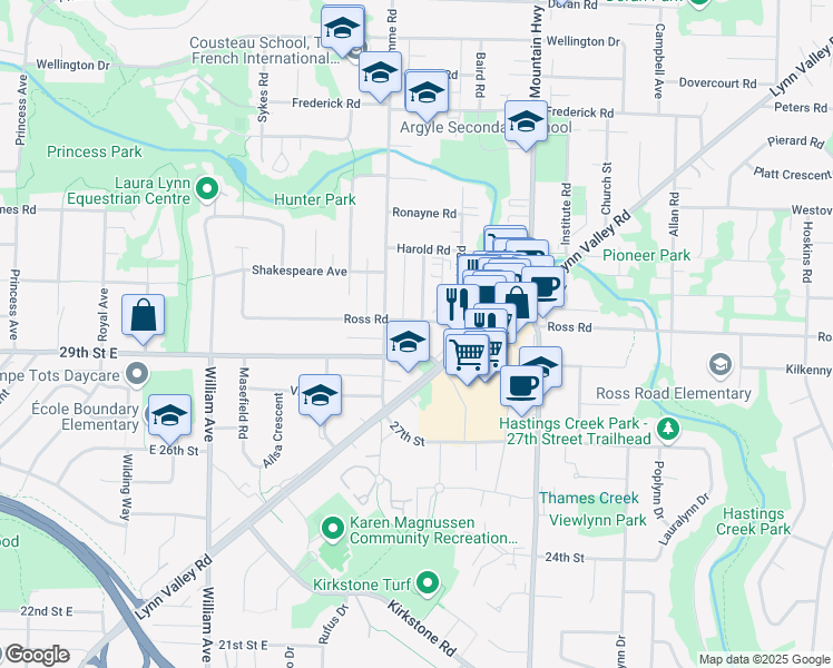 map of restaurants, bars, coffee shops, grocery stores, and more near 1100 29th Street East in North Vancouver