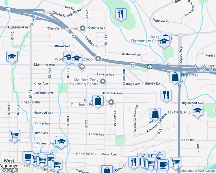 map of restaurants, bars, coffee shops, grocery stores, and more near 1092 Kings Avenue in West Vancouver