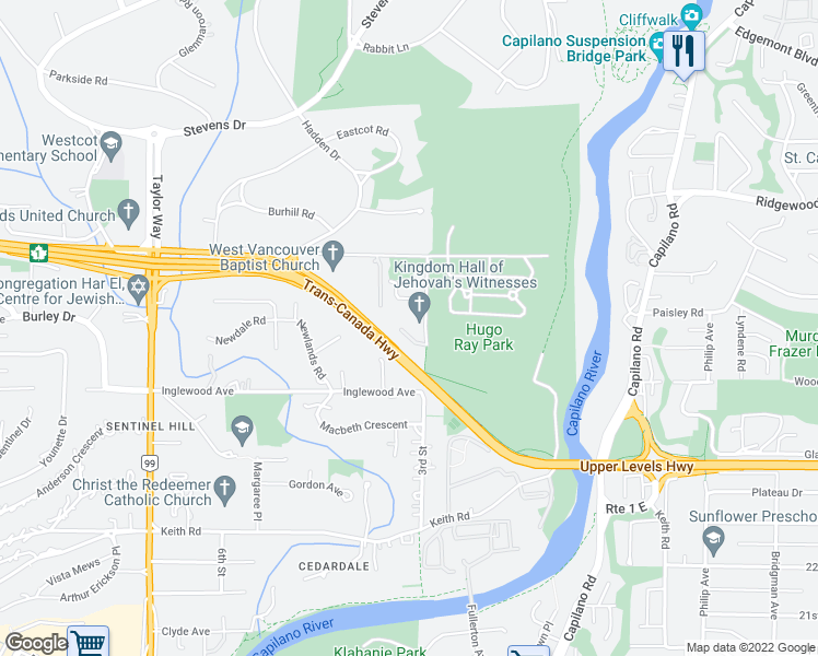 map of restaurants, bars, coffee shops, grocery stores, and more near 1271 3rd Street in West Vancouver