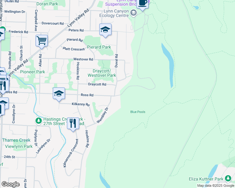 map of restaurants, bars, coffee shops, grocery stores, and more near 3014 Duval Road in North Vancouver