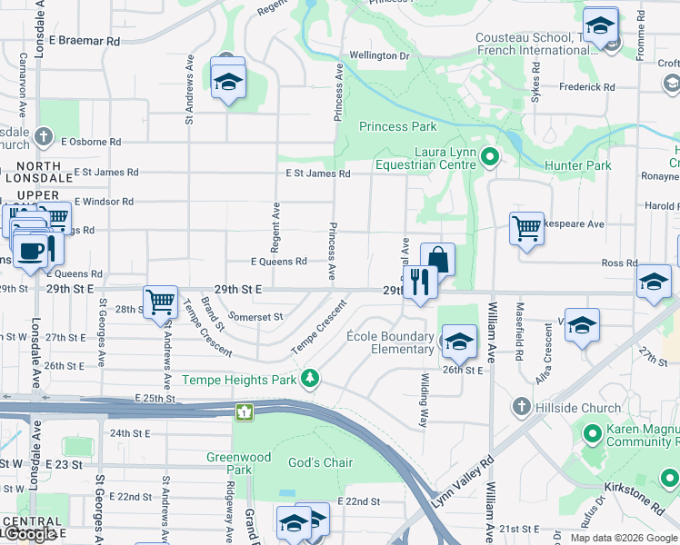 map of restaurants, bars, coffee shops, grocery stores, and more near 2958 Princess Avenue in North Vancouver