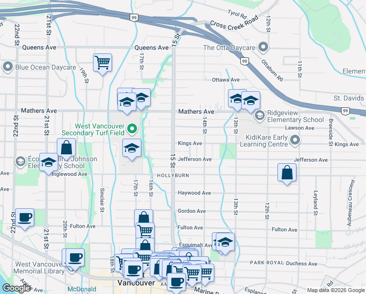 map of restaurants, bars, coffee shops, grocery stores, and more near 1468 Kings Avenue in West Vancouver