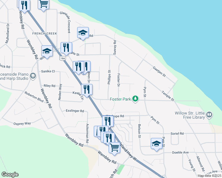 map of restaurants, bars, coffee shops, grocery stores, and more near 676 Phillips Street in Parksville