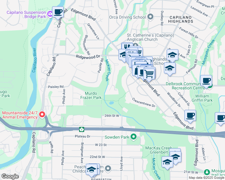 map of restaurants, bars, coffee shops, grocery stores, and more near 2940 Brookridge Drive in North Vancouver