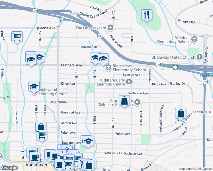 map of restaurants, bars, coffee shops, grocery stores, and more near 1246 Kings Avenue in West Vancouver