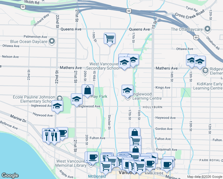 map of restaurants, bars, coffee shops, grocery stores, and more near 1280 Sinclair Street in West Vancouver
