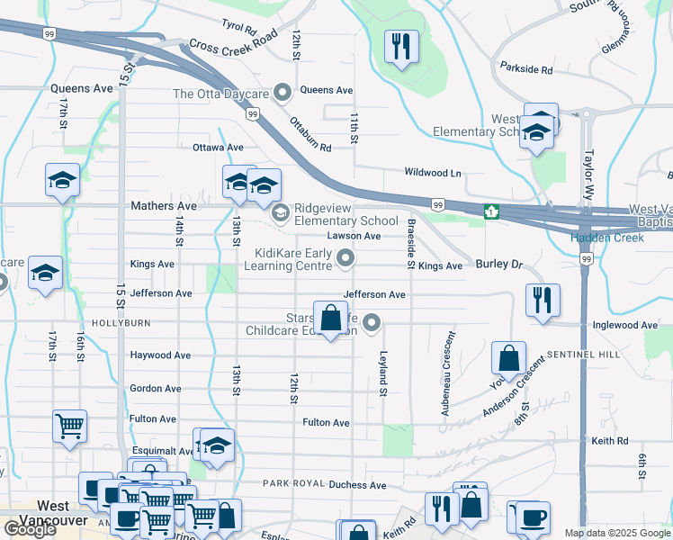 map of restaurants, bars, coffee shops, grocery stores, and more near 1126 Kings Avenue in West Vancouver